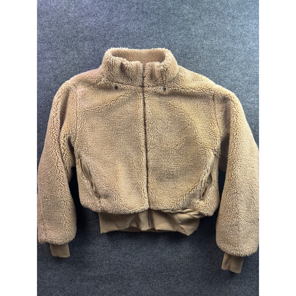 Alo Yoga Foxy Sherpa Jacket Womens Size M Tan Faux Fur Zip Up Cropped Bomber